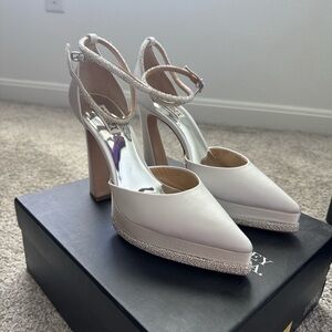Badgley Mischka Ivory Satin Crystal Platform Ankle-Strap Pumps
